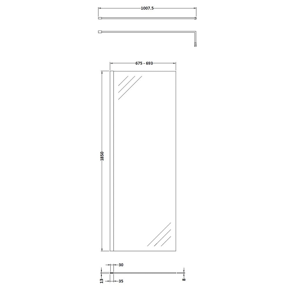 Nuie Matt Black Wetroom Shower Screen With Support Bar