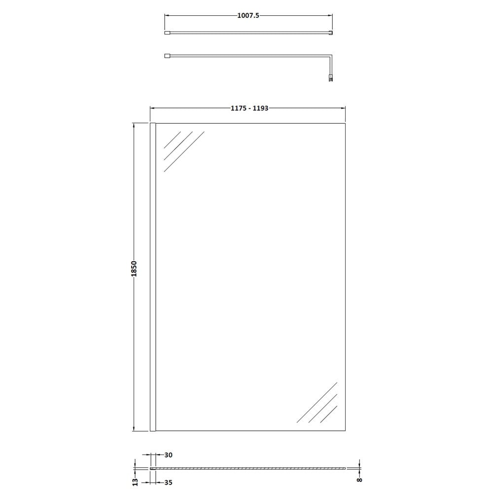 Nuie Matt Black Wetroom Shower Screen With Support Bar
