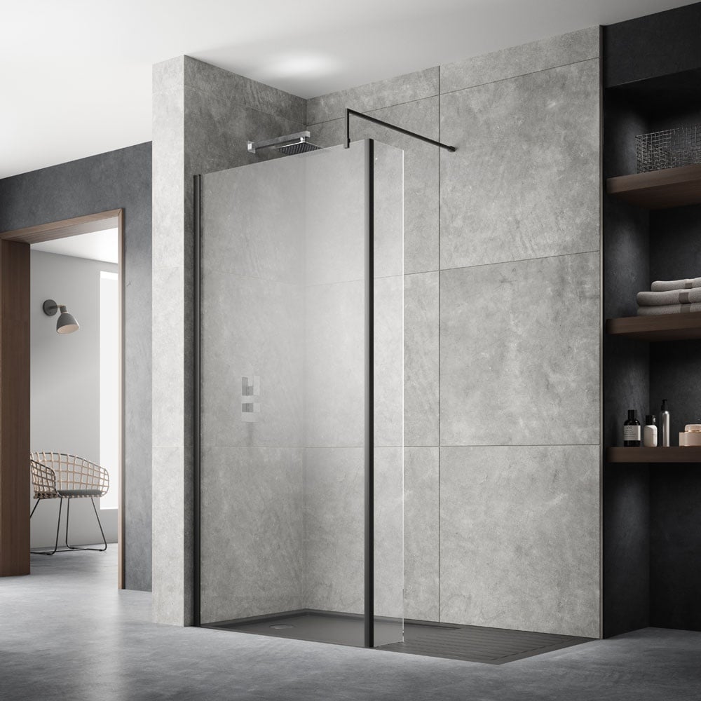 Nuie Matt Black Wetroom Shower Screen With Support Bar