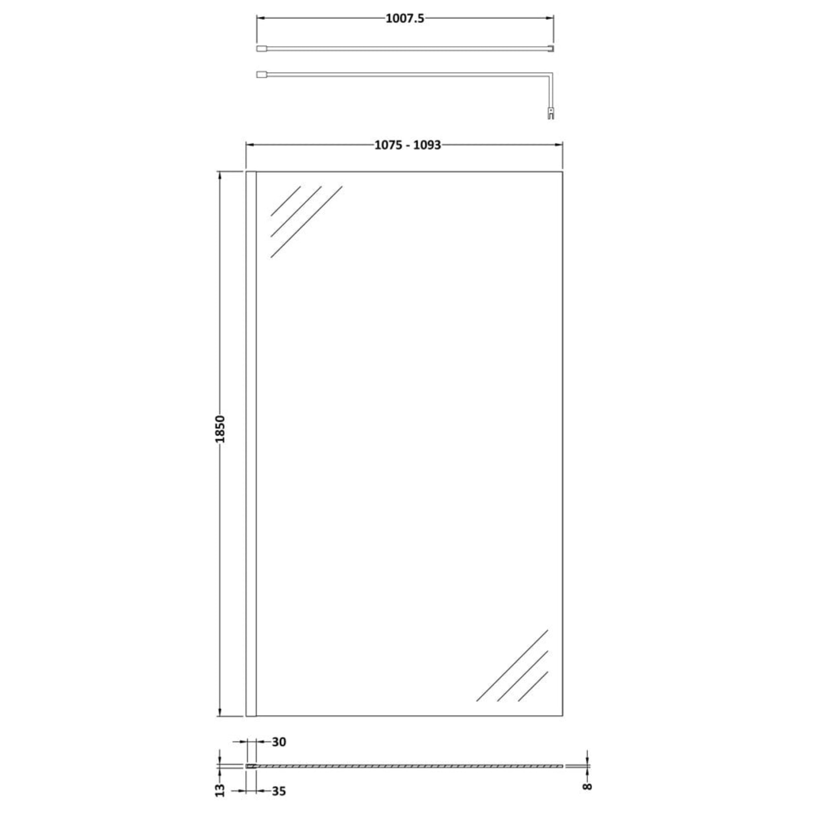 Nuie Wetroom Shower Screen & Chrome Support Bar