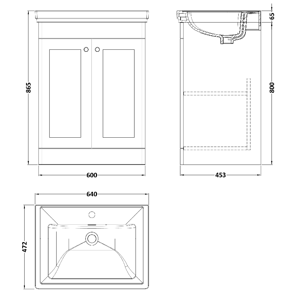 Nuie Classique 600 Floor Standing 2-Door Vanity Unit with 1TH Basin