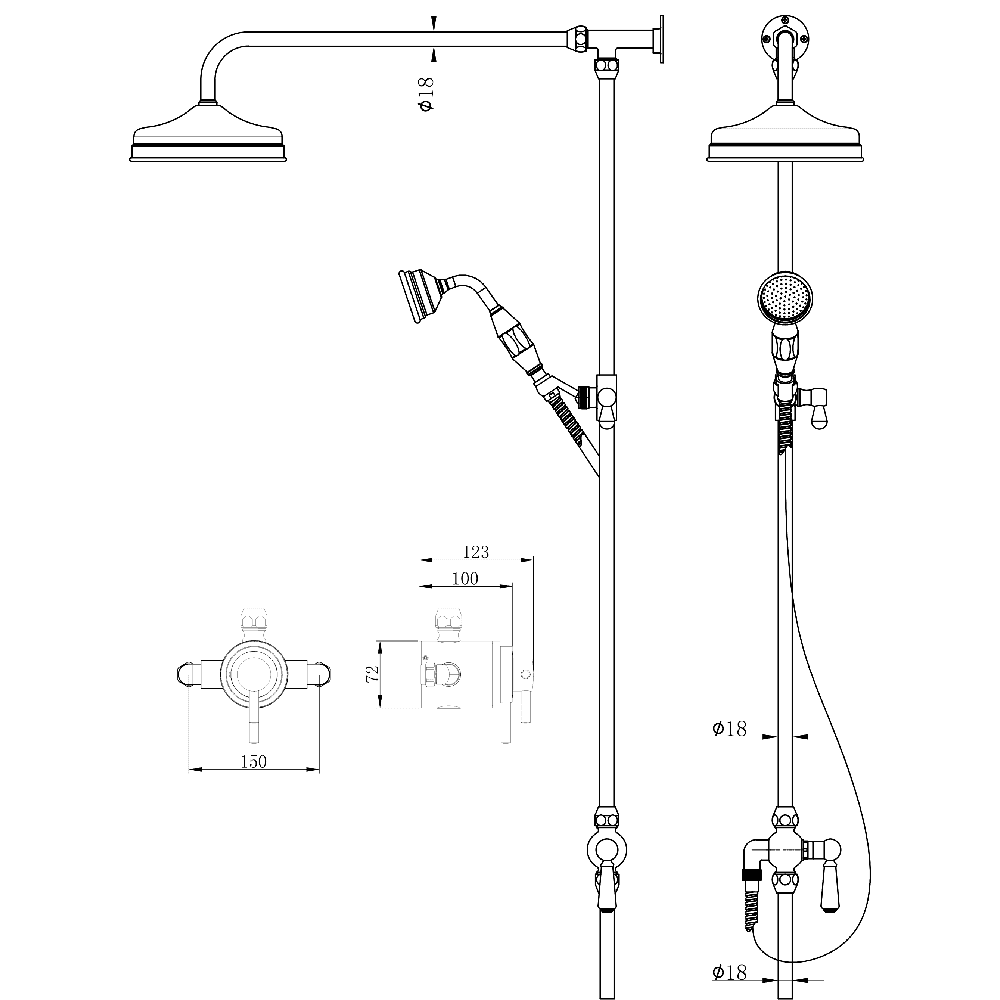 Astini Beaumaris Orca Black Exposed Valve Traditional Overhead Shower Rail Kit