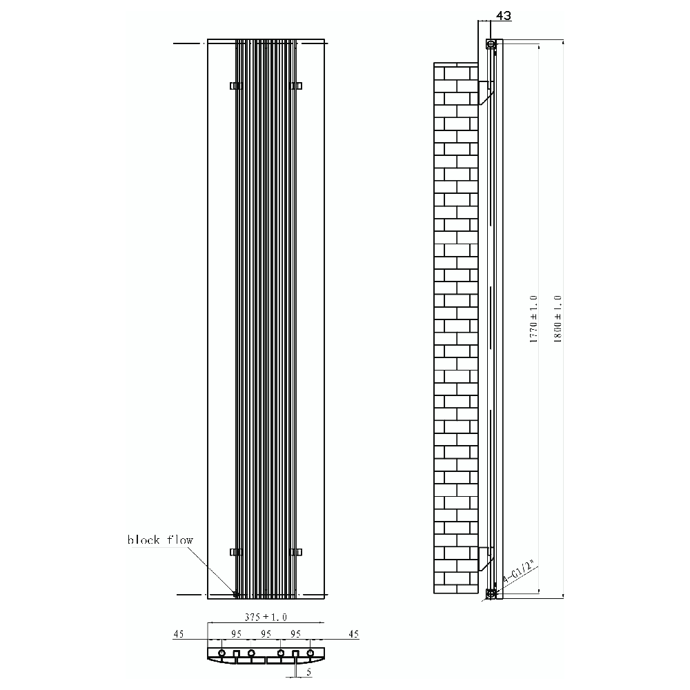 Astini Taupo Anthracite 1800x375 Aluminium Radiator