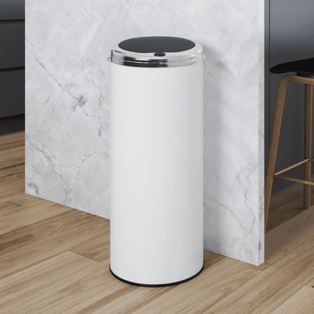 White cylindrical countertop bin with a gray lid.