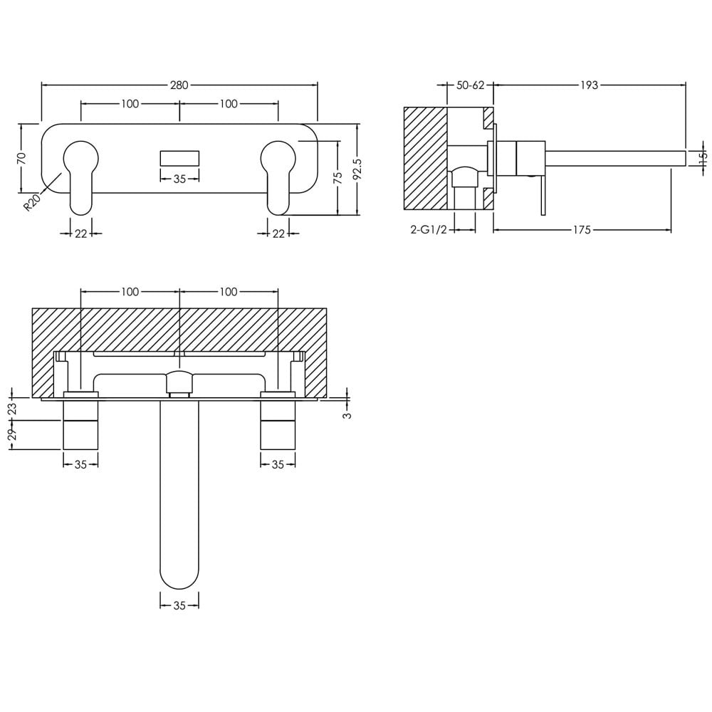 Nuie Arvan Chrome Wall Mounted 3 Hole Basin Mixer Tap With Plate - ARV350
