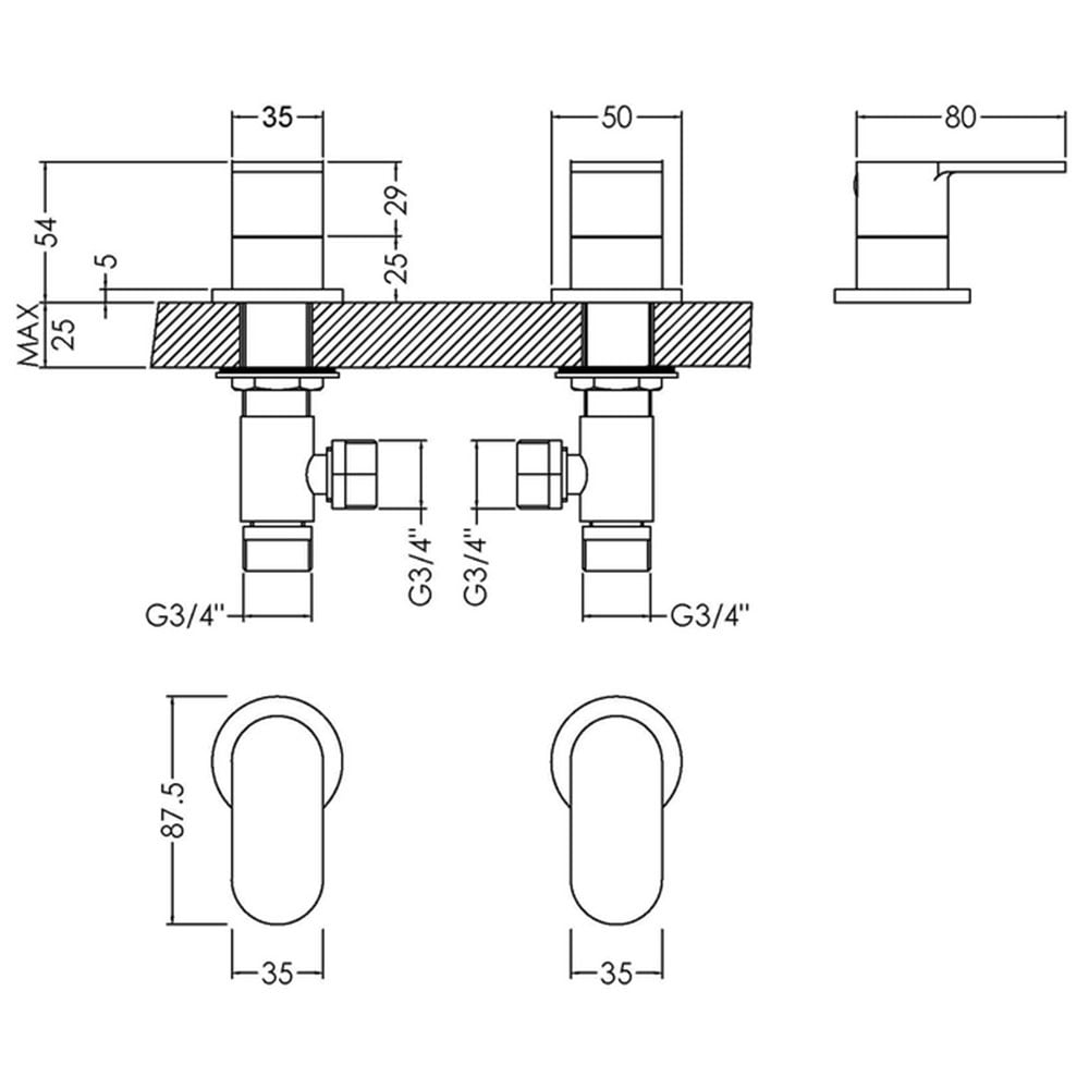 Nuie Binsey Chrome Deck Mounted 3/4" Side Valves - BIN308