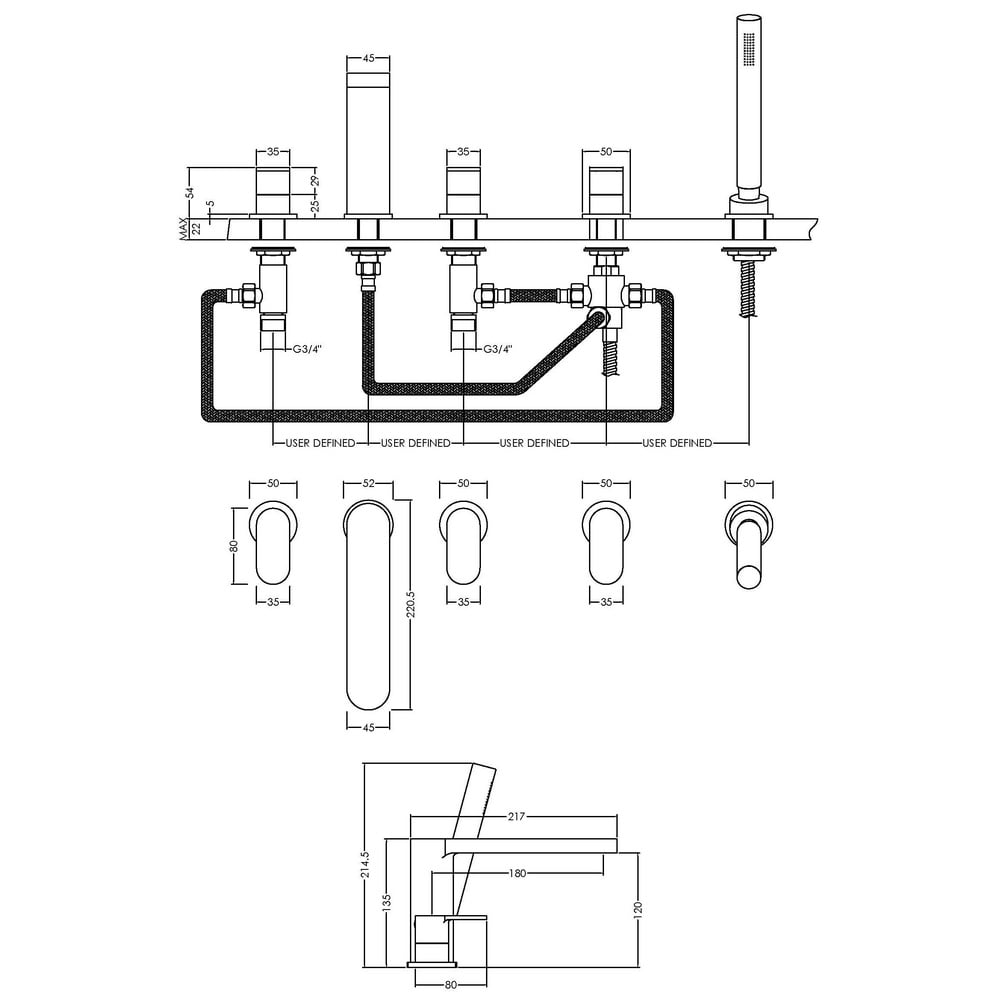 Nuie Binsey Chrome Deck Mounted 5 Hole Bath Shower Mixer Tap - BIN314