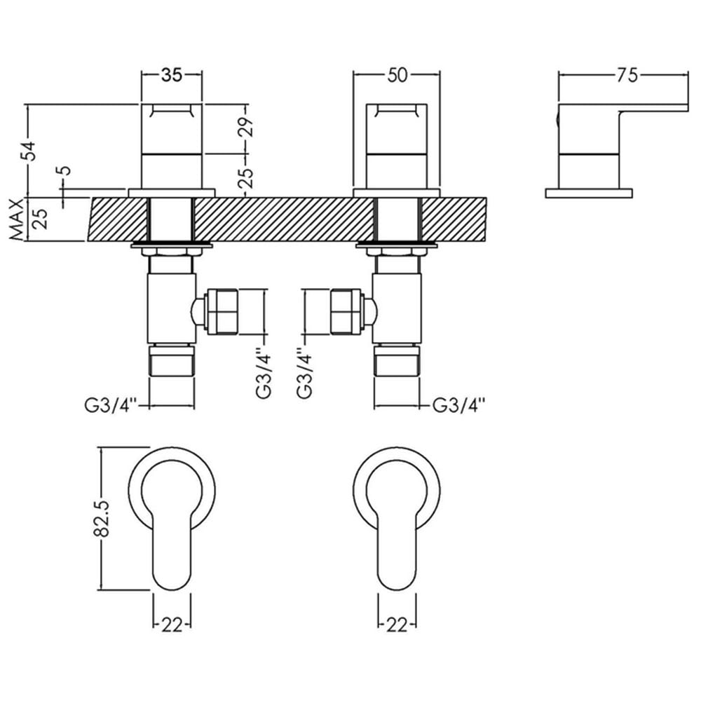 Nuie Arvan Chrome Deck Mounted 3/4" Side Valves - ARV308
