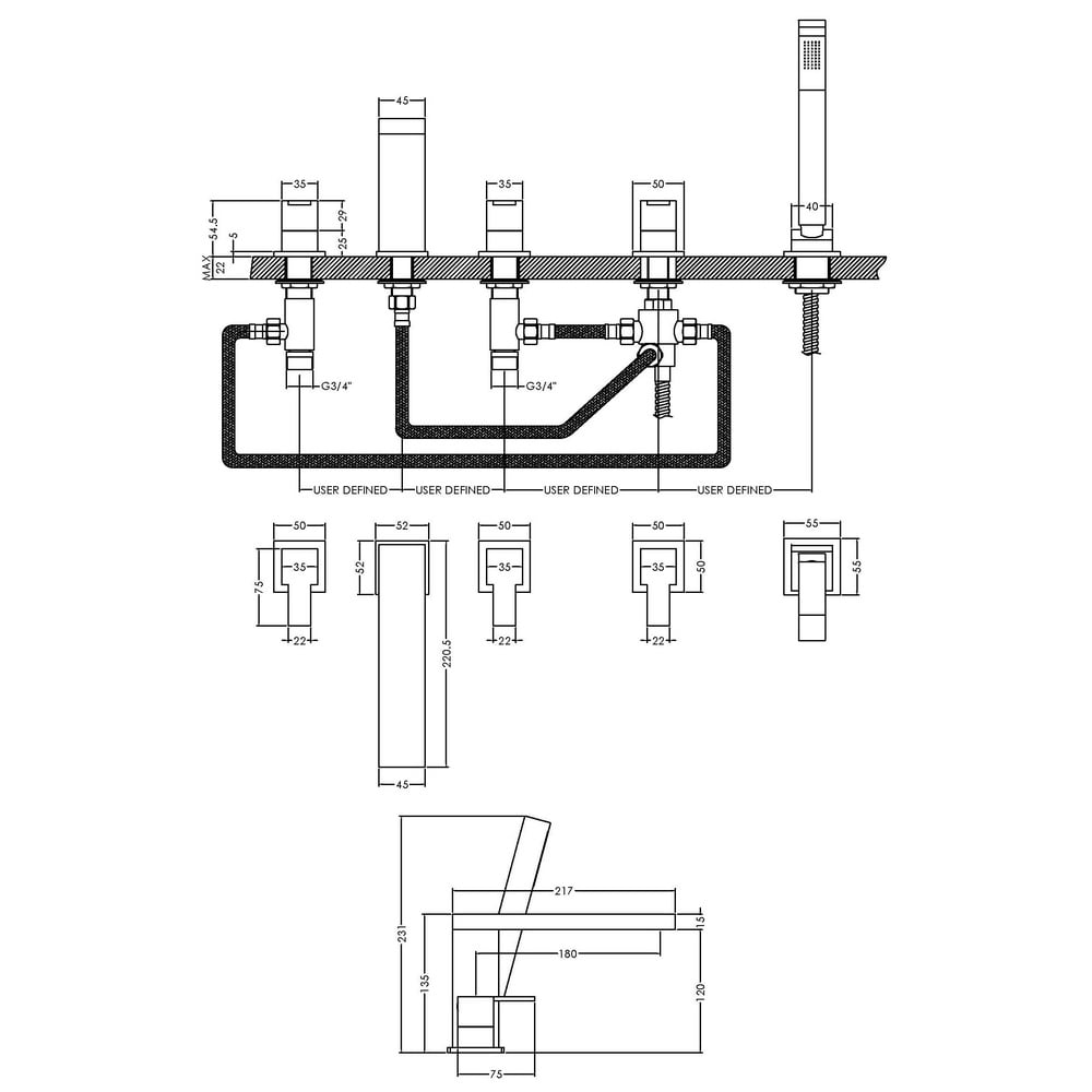 Nuie Sanford Chrome Deck Mounted 5 Hole Bath Shower Mixer Tap - SAN314