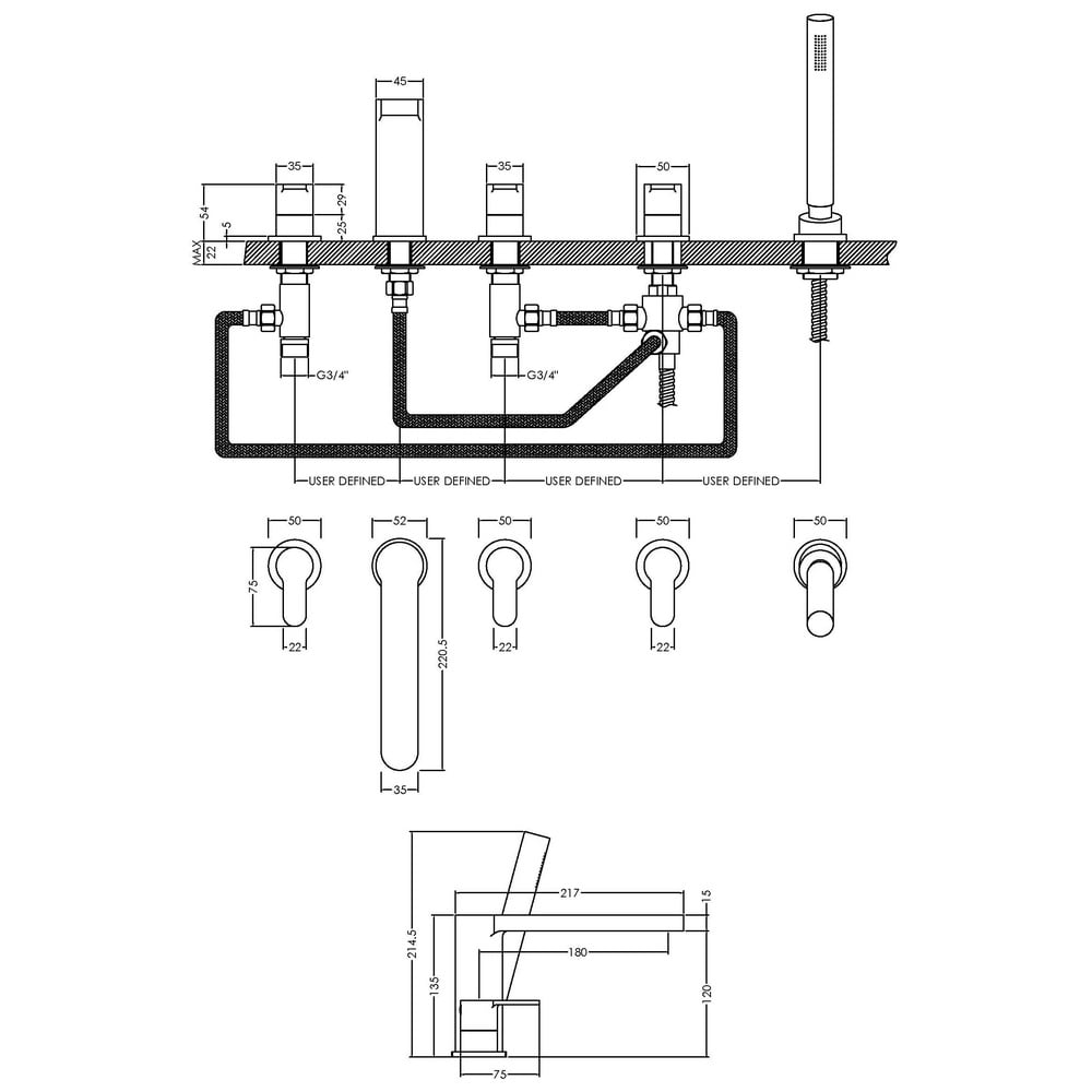 Nuie Arvan Chrome Deck Mounted 5 Hole Bath Shower Mixer Tap - ARV314
