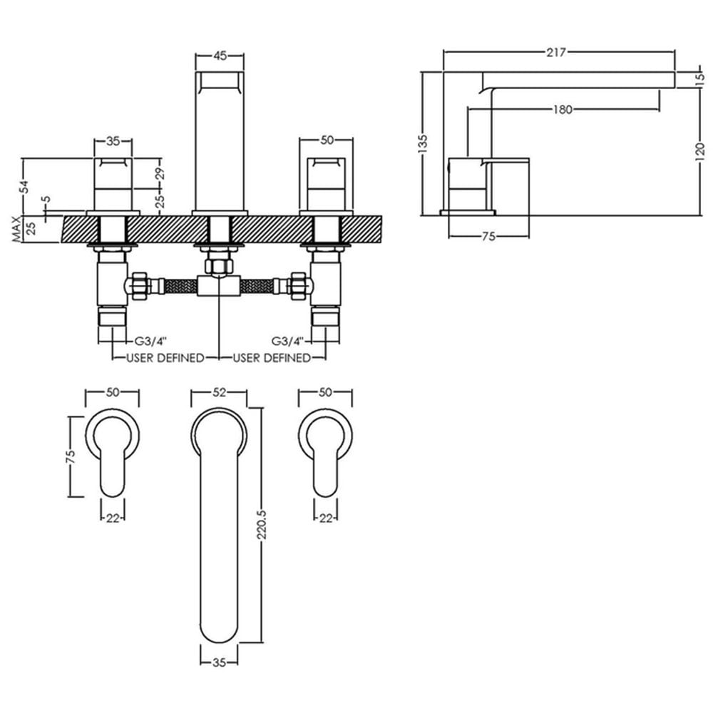 Nuie Arvan Chrome Twin Lever Deck Mounted 3 Hole Bath Filler Tap - ARV333