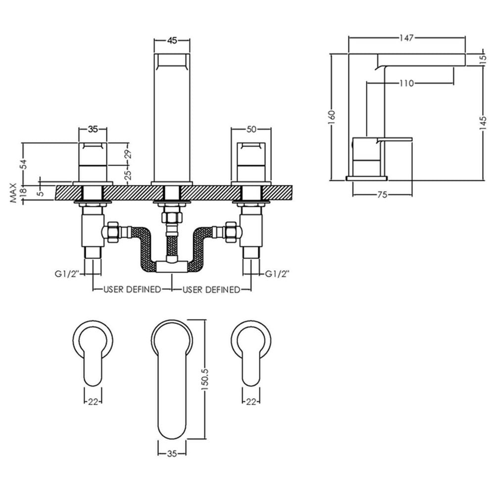 Nuie Arvan Chrome Deck Mounted 3 Hole Basin Mixer Tap With Waste - ARV337