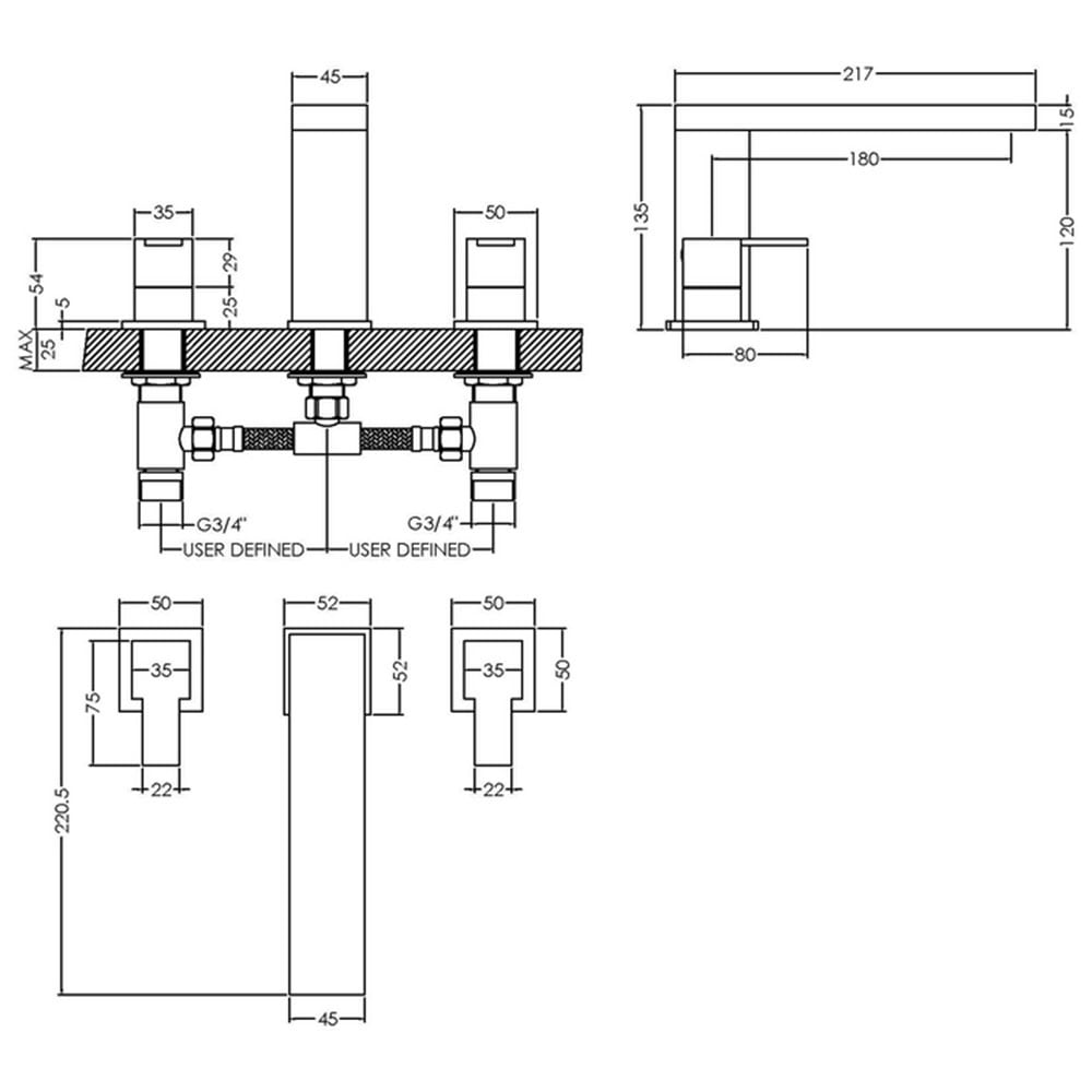 Nuie Sanford Chrome Deck Mounted 3 Hole Bath Filler Tap - SAN333