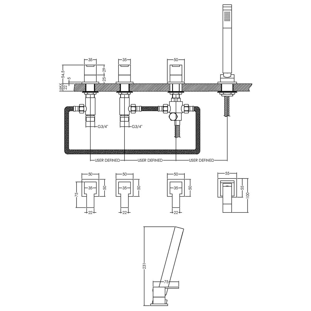 Nuie Sanford Chrome Deck Mounted 4 Hole Bath Shower Mixer - SAN334