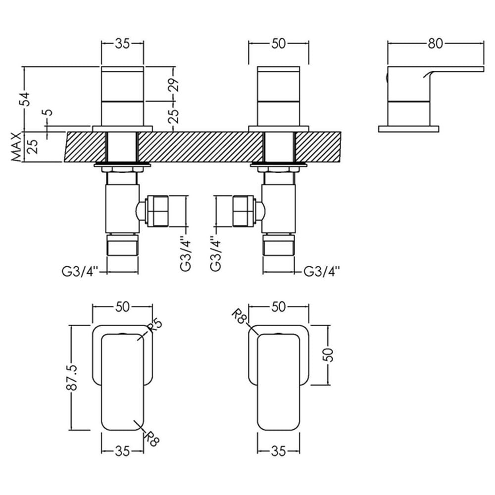 Nuie Windon Chrome Deck Mounted 3/4" Side Valves - WIN308