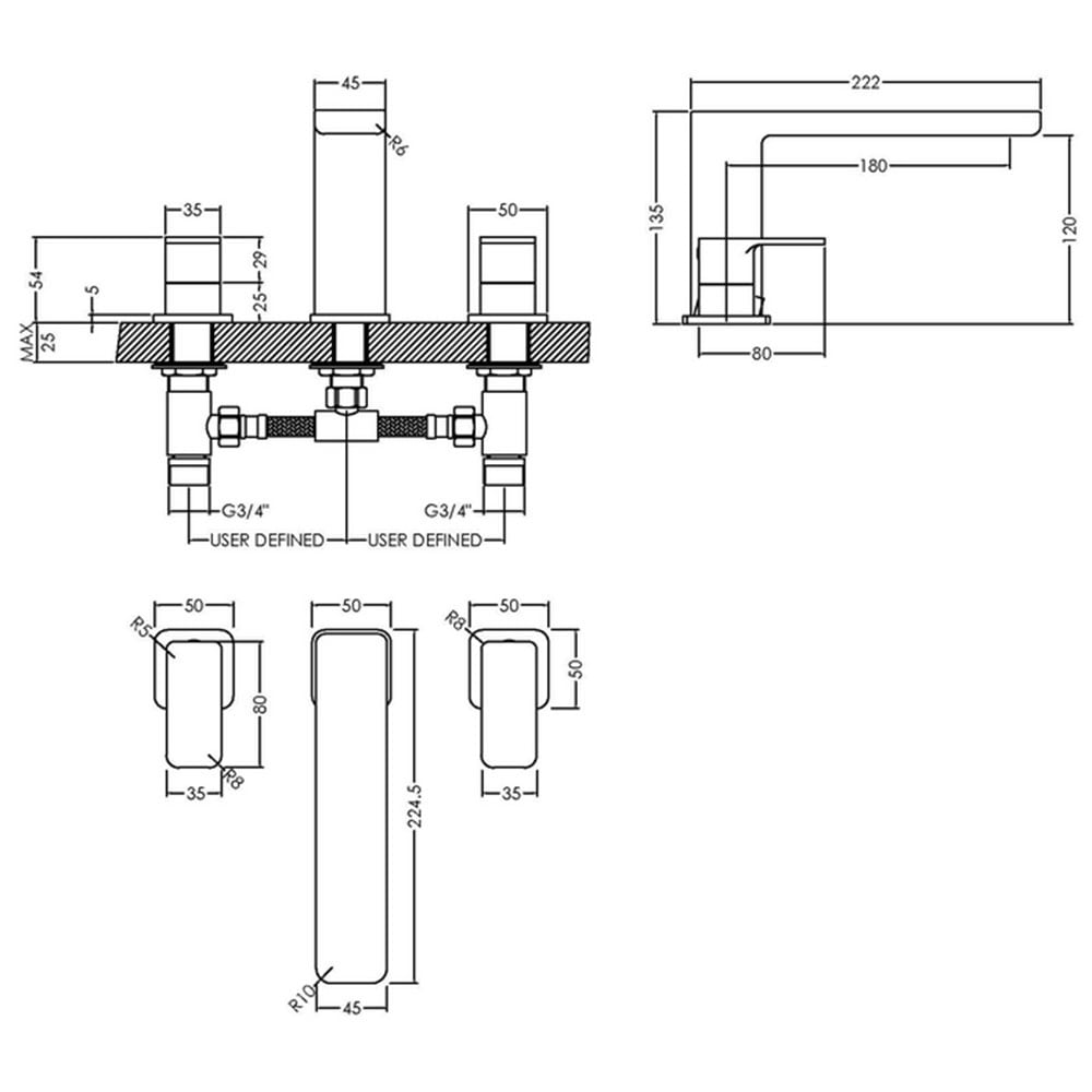 Nuie Windon Chrome Twin Lever Deck Mounted 3 Hole Bath Filler Tap - WIN333