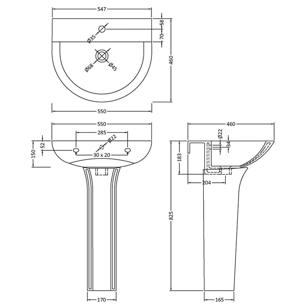 Nuie Freya 550x460 1th White Basin & Full Pedestal NCG300