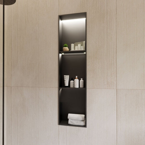 RAK INGOT 300x1200mm Recessed Niche with 2 shelves & LED Black