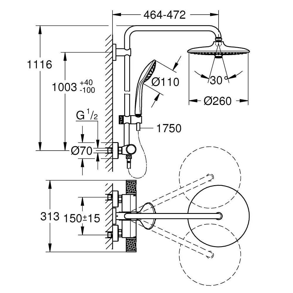 Grohe Euphoria Chrome System 260 Shower System With Thermostatic Mixer For Wall Mounting - 27296003