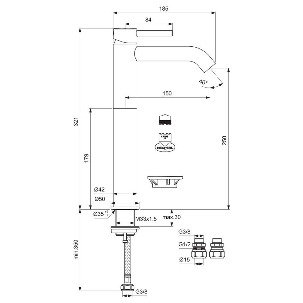 Ideal Standard Ceraline Silk Black Single Lever Vessel Basin Mixer Tap - BD365XG