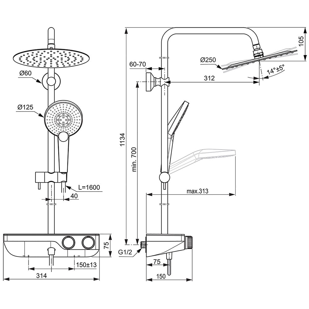 Ideal Standard Ceratherm S200 Chrome Exposed Thermostatic Shelf Shower System - A7331AA