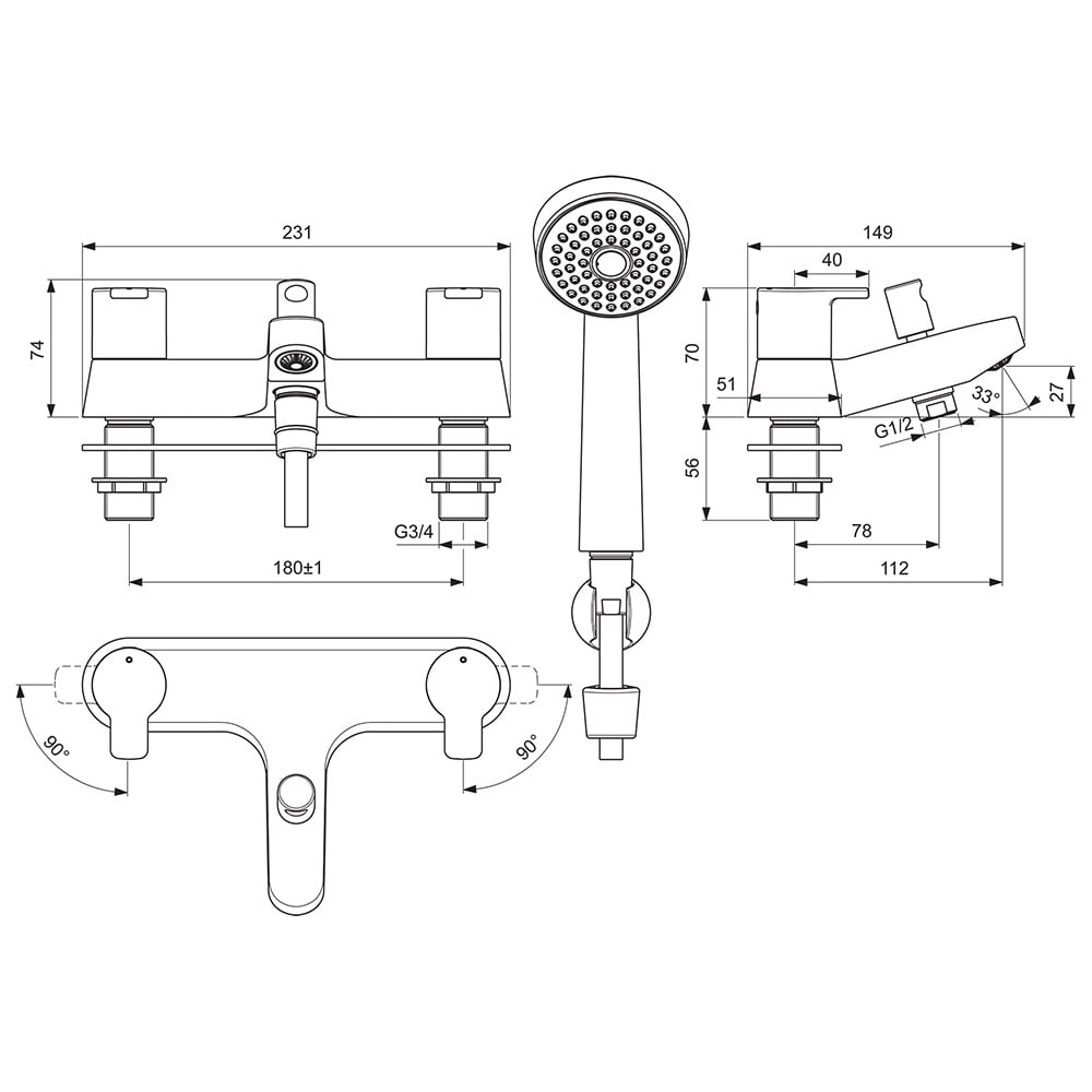 Ideal Standard Calista Chrome Dual Control Bath Shower Mixer With Shower Set - B1152AA