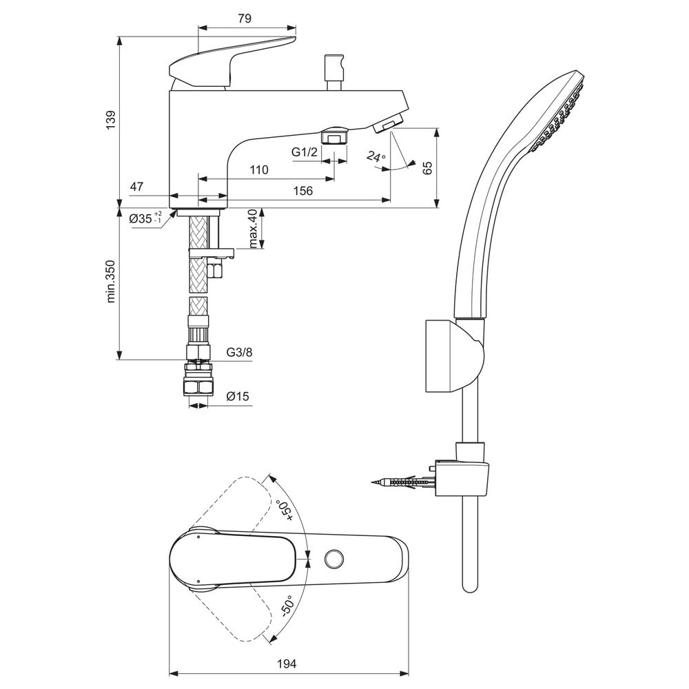 Ideal Standard Ceraflex Chrome Single Lever Bath Shower Mixer With Shower Set - B1960AA
