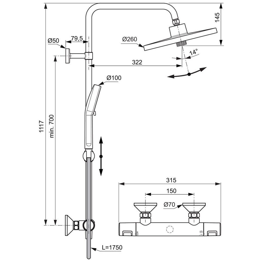 Ideal Standard Ceratherm T25+ Chrome Thermostatic Shower System - A7211AA
