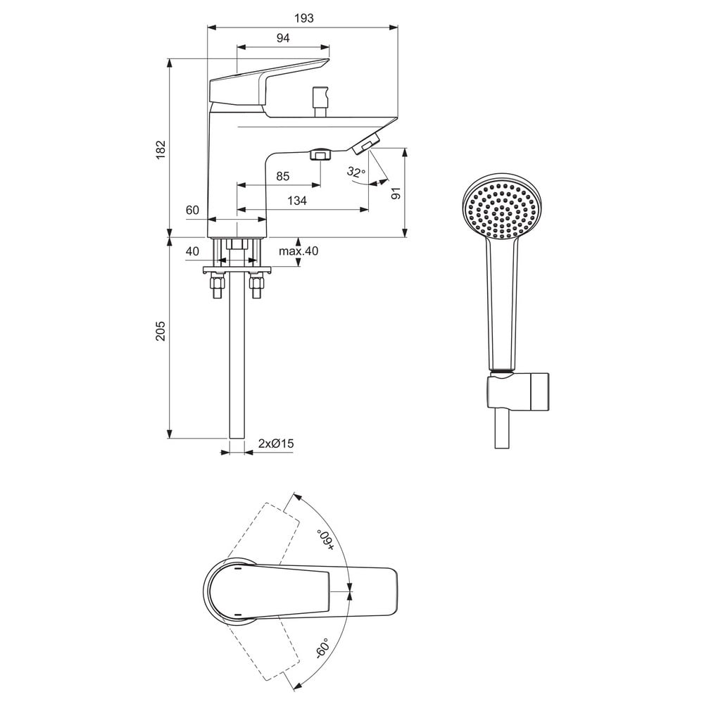 Ideal Standard Tesi Chrome Single Lever Bath Shower Mixer With Shower Set - B1957AA