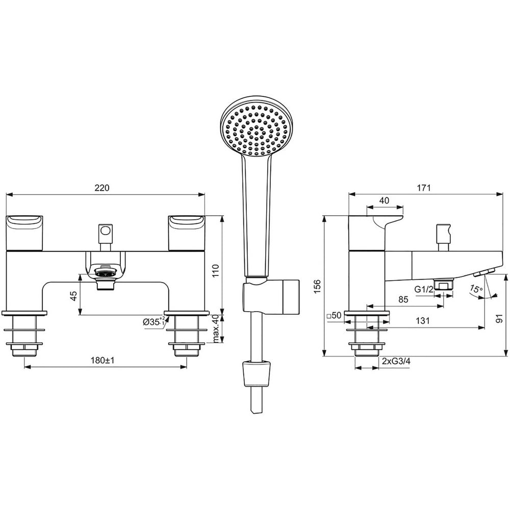 Ideal Standard Ceraplan Silk Black Dual Control Bath Shower Mixer With Shower Set - BD265XG