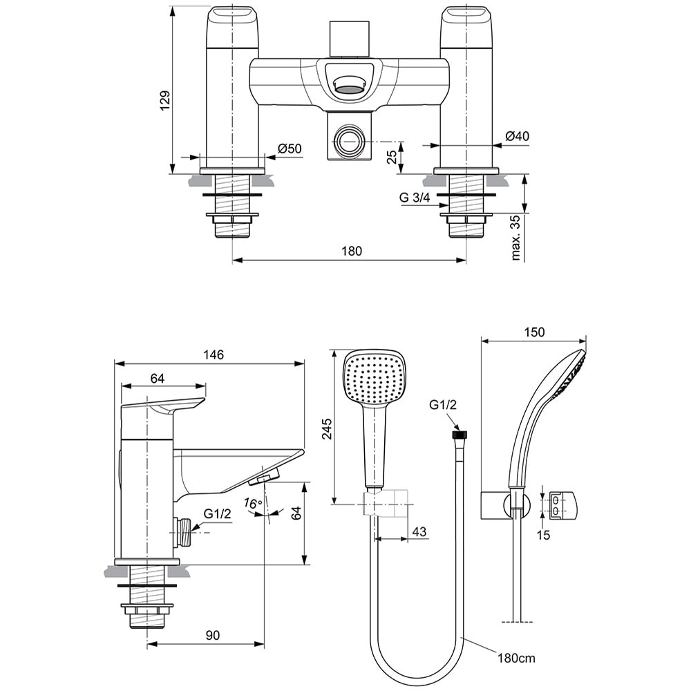 Ideal Standard Tesi Chrome Dual Control Bath Shower Mixer With Shower Set - A6591AA