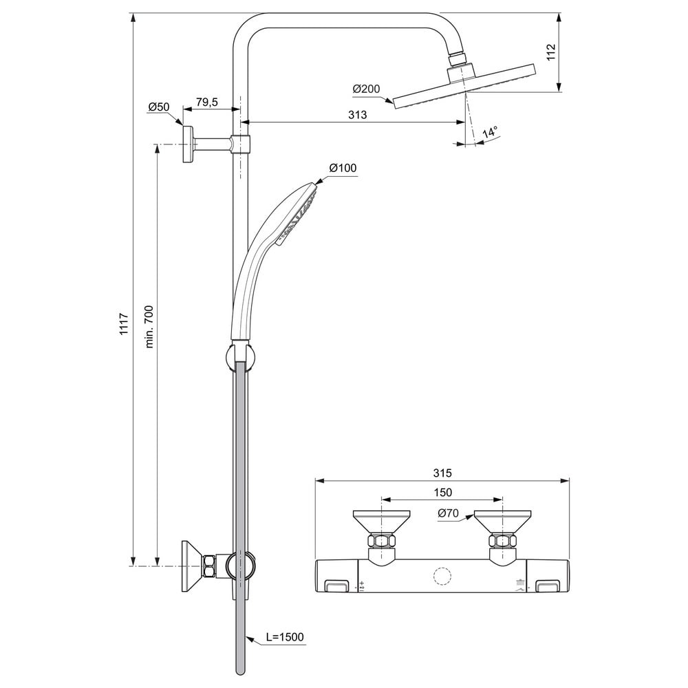 Ideal Standard Ceratherm T25 Chrome Exposed Thermostatic Shower System - A7209AA