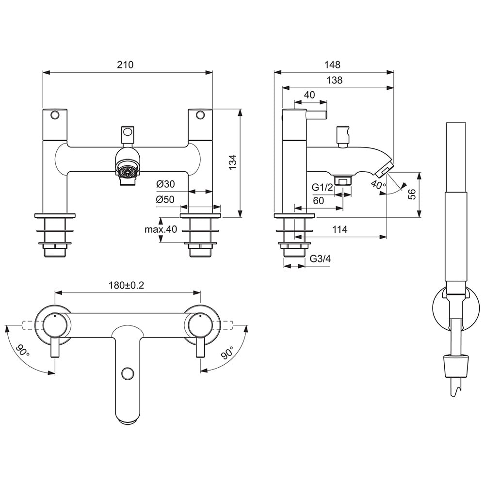Ideal Standard Ceraline Silk Black Dual Control Bath Shower Mixer - BC189XG