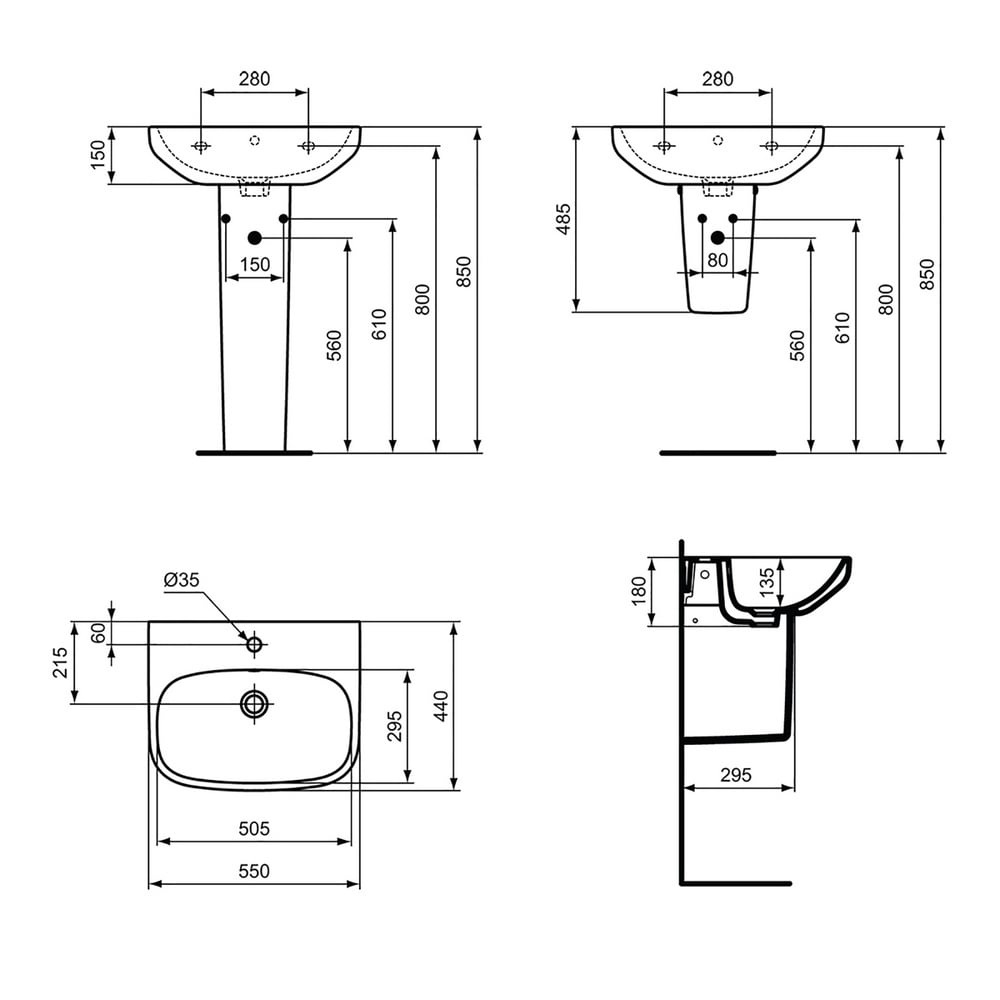 Ideal Standard i.life A White 550mm Ceramic Washbasin Basin 1TH with Semi Pedestal