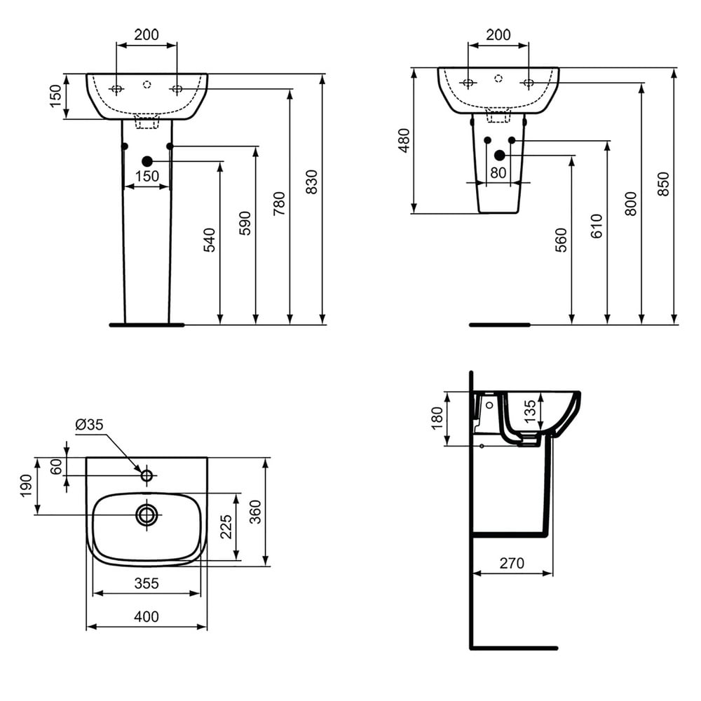 Ideal Standard i.life A White 400mm Ceramic Handwash Basin 1TH with Semi Pedestal