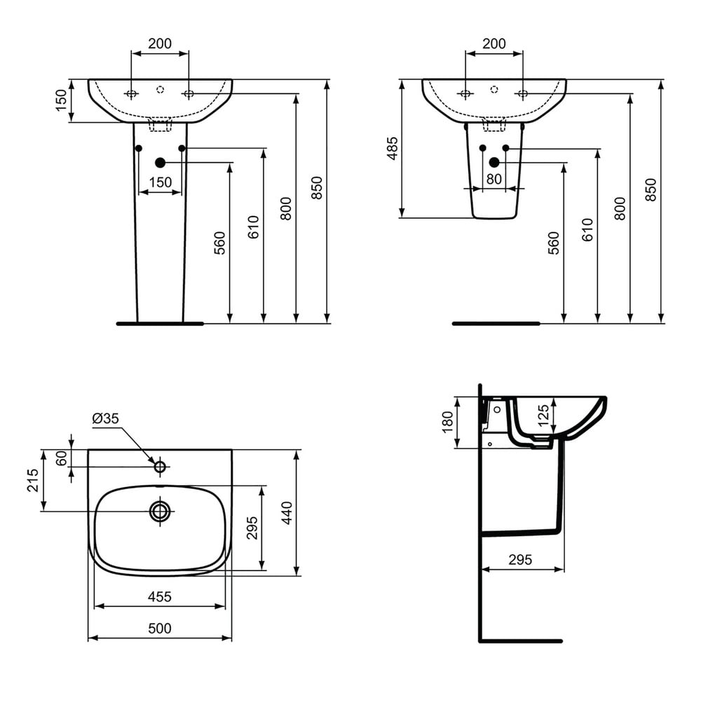 Ideal Standard i.life A White 500mm Ceramic Washbasin 1TH with Full Pedestal