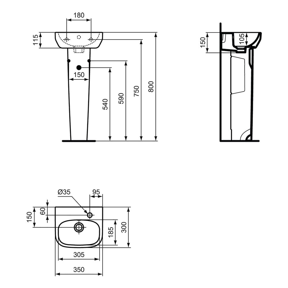 Ideal Standard i.life A White 350mm Ceramic Handwash Basin Right Hand 1TH with Full Pedestal