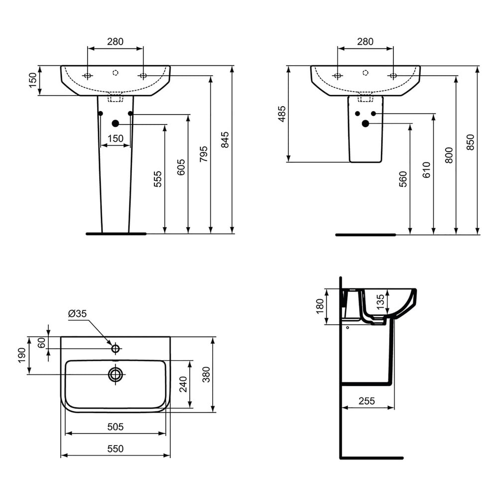 Ideal Standard i.life S White 550mm Compact Ceramic Washbasin & Semi Pedestal