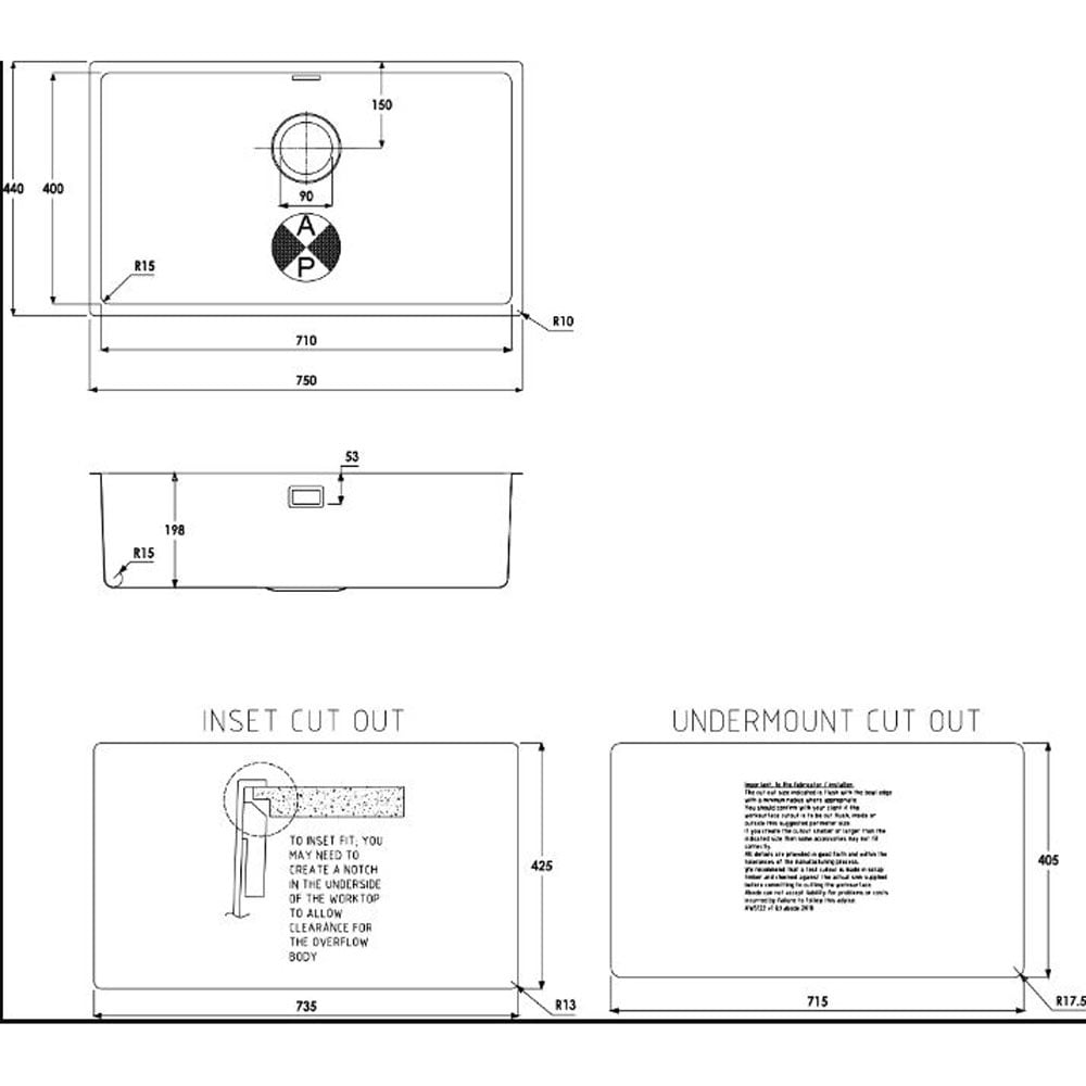 Abode Matrix Satinless Steel Single Bowl Undermount Kitchen Sink AW5128