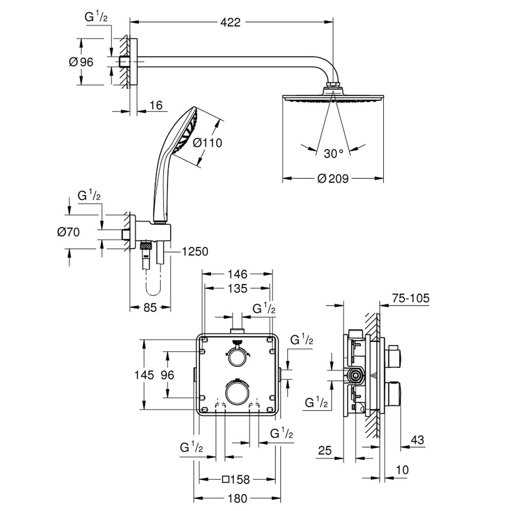 Grohe Grohtherm Chrome Perfect Shower Set With Rainshower Cosmopolitan 210 - 34734000