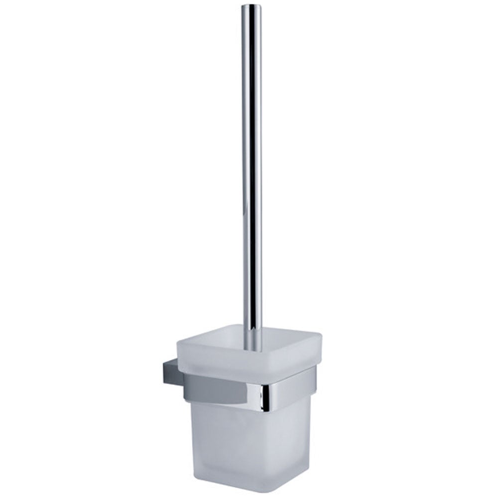 Square Toilet Brush Holder with Frosted Glass Cup in Modern Matte and Chrome Finishes