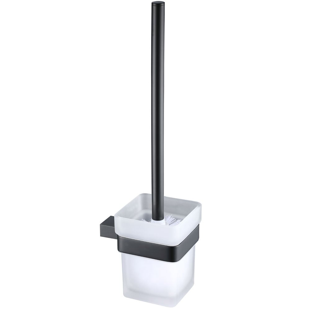 Square Toilet Brush Holder with Frosted Glass Cup in Modern Matte and Chrome Finishes