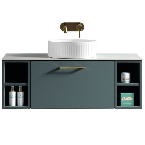 Astini Piatta 1000mm Smoked Sage Wall Hung 2 Side Storage Vanity Unit With Counter Top