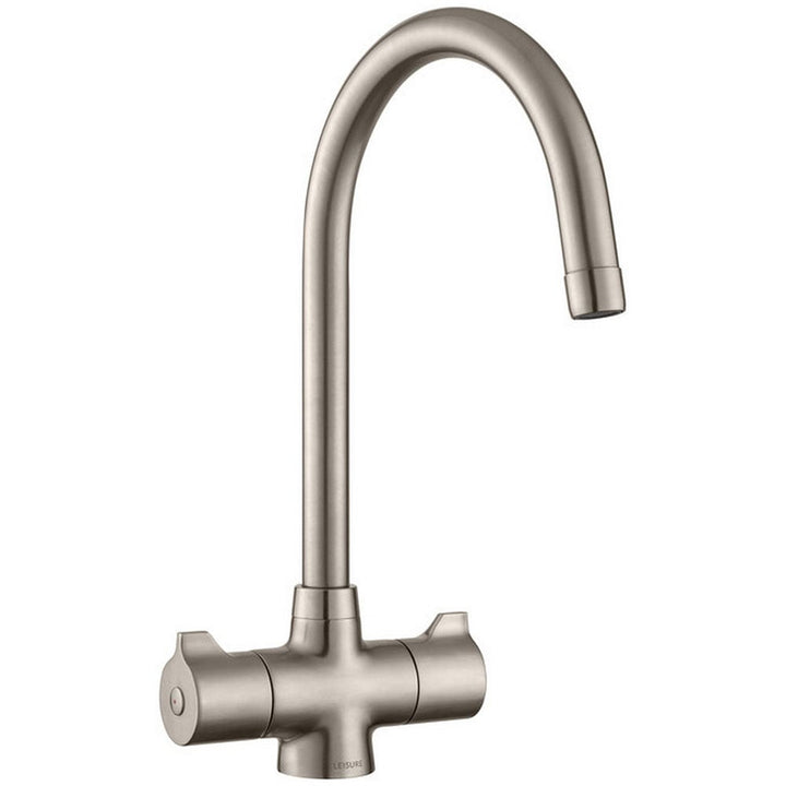 leisure-aquaclear-satin-steel-monobloc-twin-lever-kitchen-sink-tap-taqclearsat-