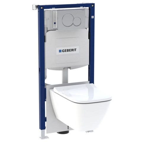 Geberit Sigma & Smyle Blue & White 4-in-1 Rimless Wall-Hung Pack, Frame + Flush Plate + Pan & Soft Close Seat