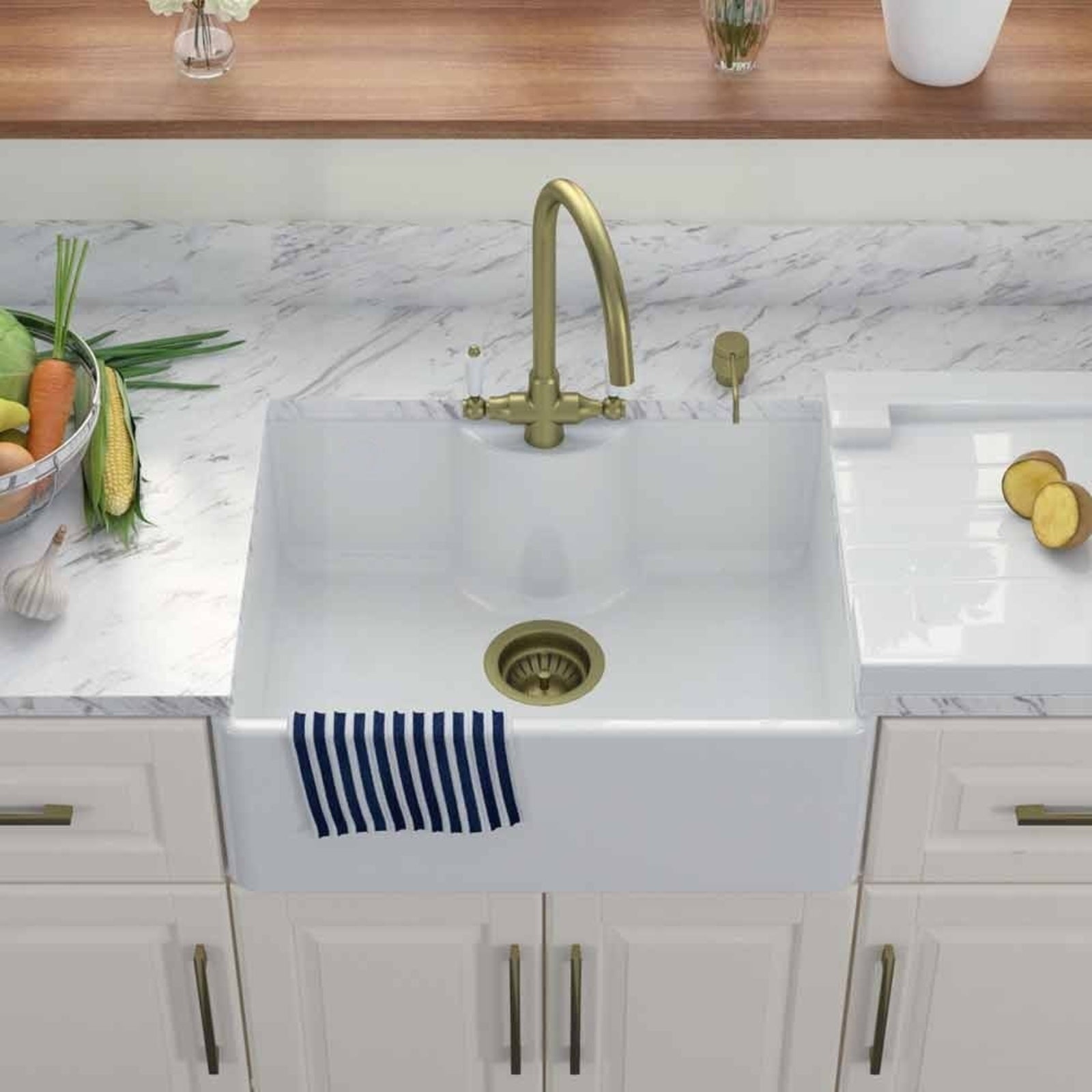 LSC Butler 595 1.0 Bowl White Ceramic Kitchen Sink with Tap Ledge and Waste Options