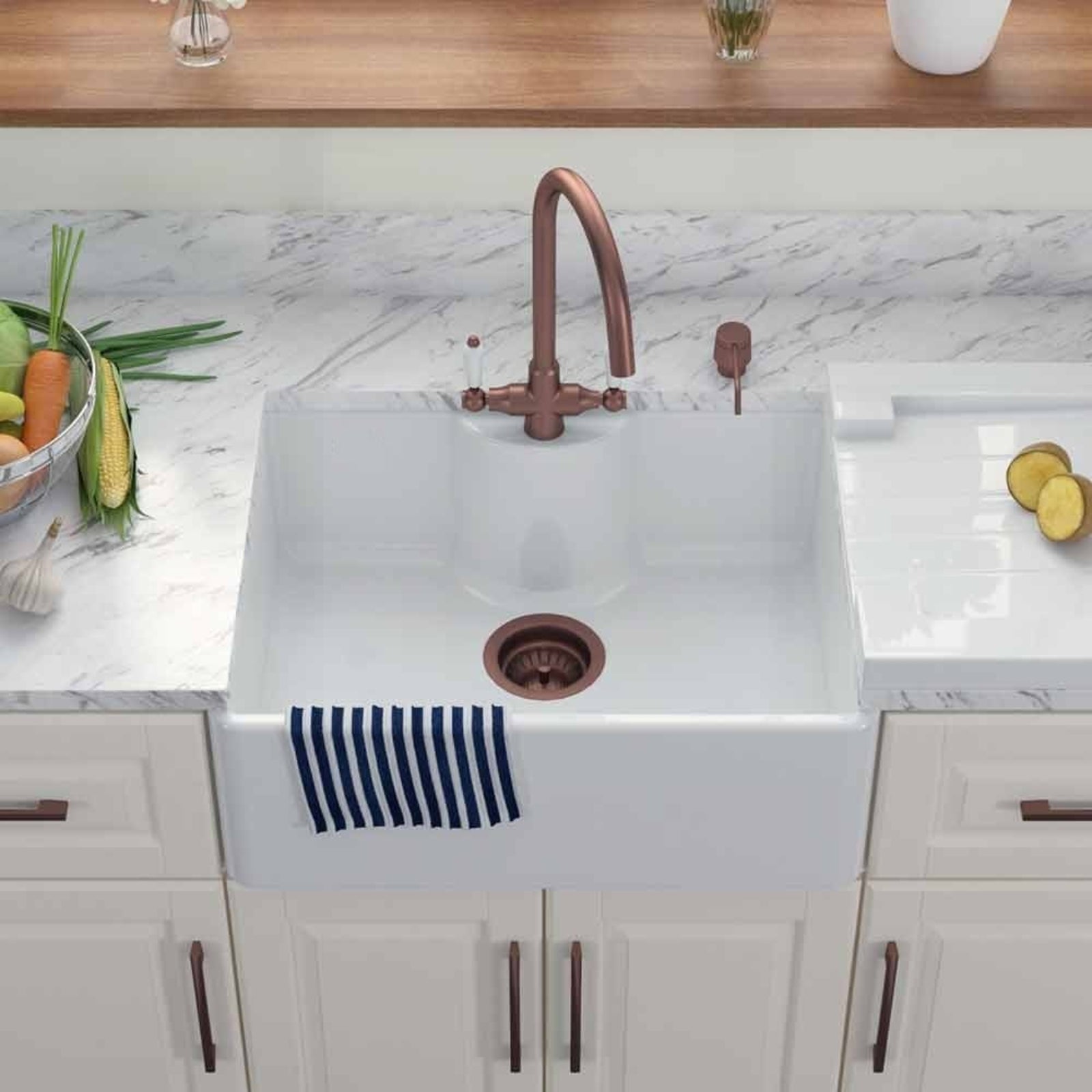 LSC Butler 595 1.0 Bowl White Ceramic Kitchen Sink with Tap Ledge and Waste Options
