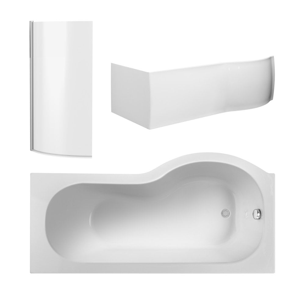Nuie Curved P Shape 1700mm Shower Bath LH, Fixed Screen & White Panel
