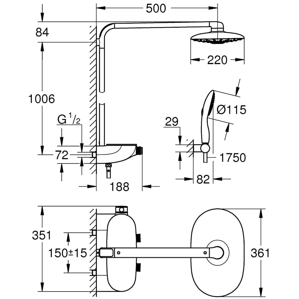 Grohe Rainshower Chrome System Smartcontrol Duo 360 Shower System With Thermostat For Wall Mounting - 26250Ls0