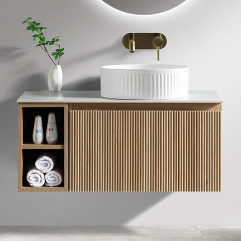 Astini Flauto 800mm Country Oak Wall Hung Vanity Unit W/ Side Storage & RH Counter Top